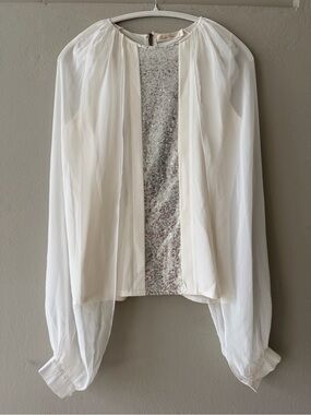 White Sequin-Front Sheer Long-Sleeve Blouse